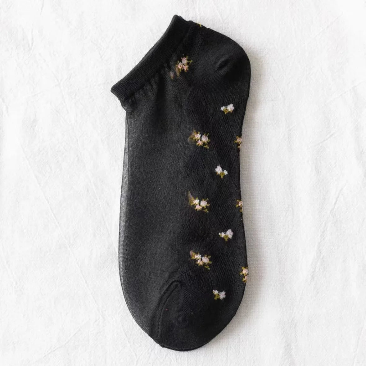 Women Fashion Summer Glass Stockings Thin Small Floral Card Silk Qme One Size all black