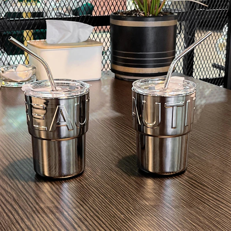 Lid-equipped Glass Mirrored Straw Coffee Cup Qme