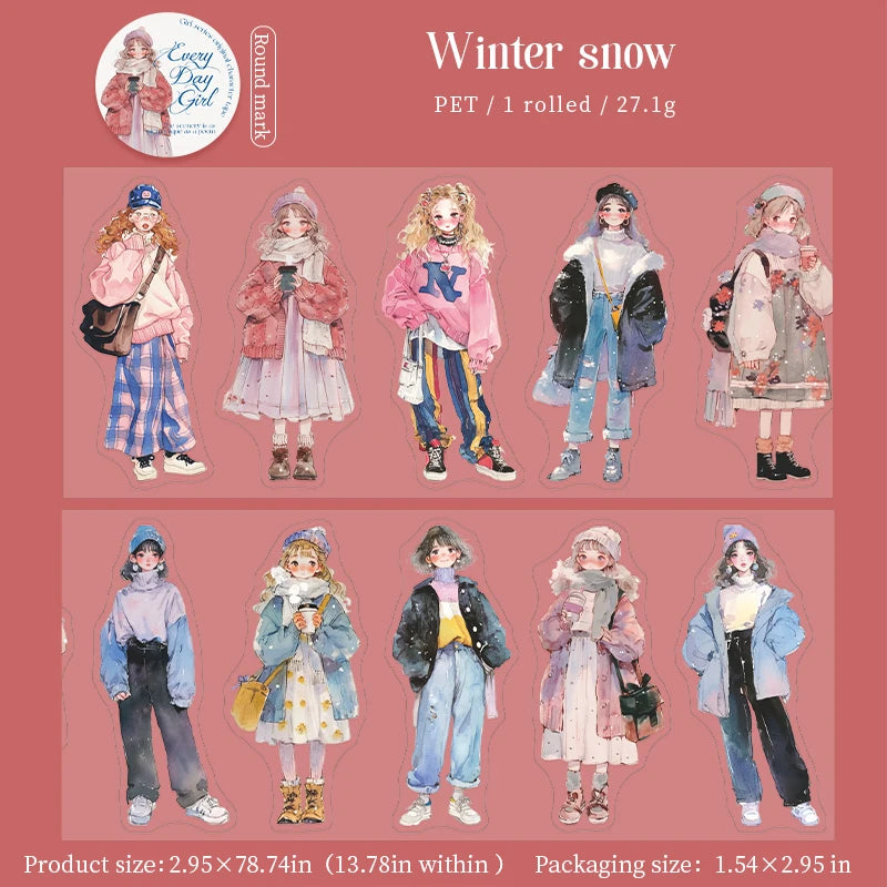 1 Roll Fashion Girl Stickers 4 Seasons Outfit DIY Scrapbook Journal Washi Tape for Phone Case Notebook Decoration Cute Stationer Qme Winter