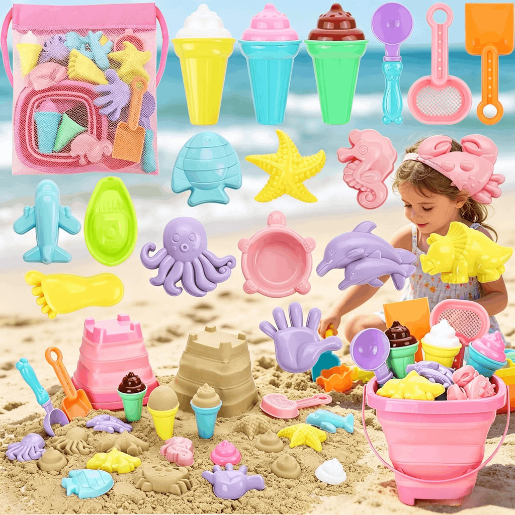 Beach Sand Toys for Kids Beach Toys Set with Ice Cream Cake Sand Molds Mesh Beach Bag Shovel Rake for Toddler Sandbox Outdoor Qme