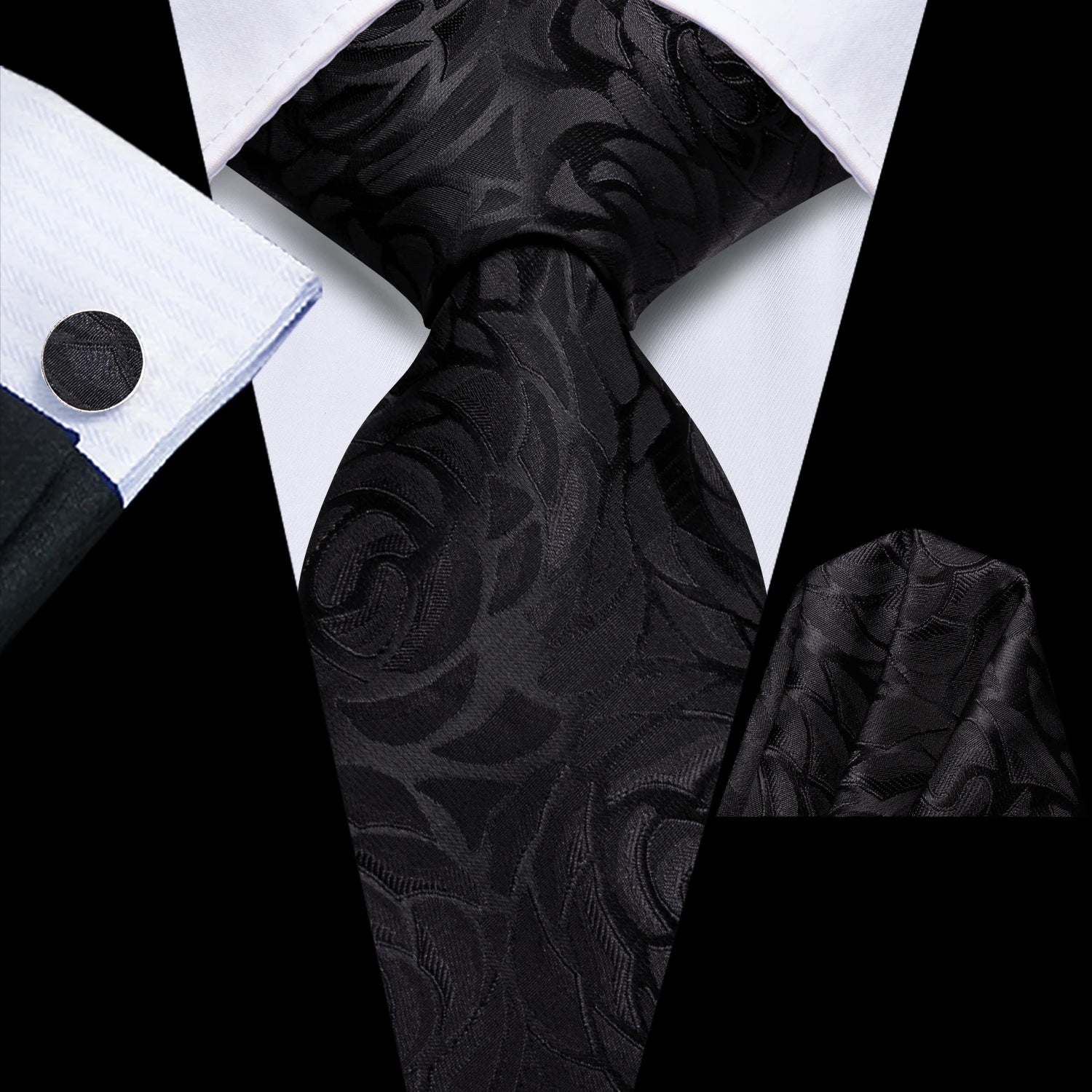 Hi-Tie Black Blue Orange Floral Mens Fashion Necktie Handkerchief Cufflinks for Tuxedo Classic Tie Man Gift Valentine's Day Qme HT-N-0095
