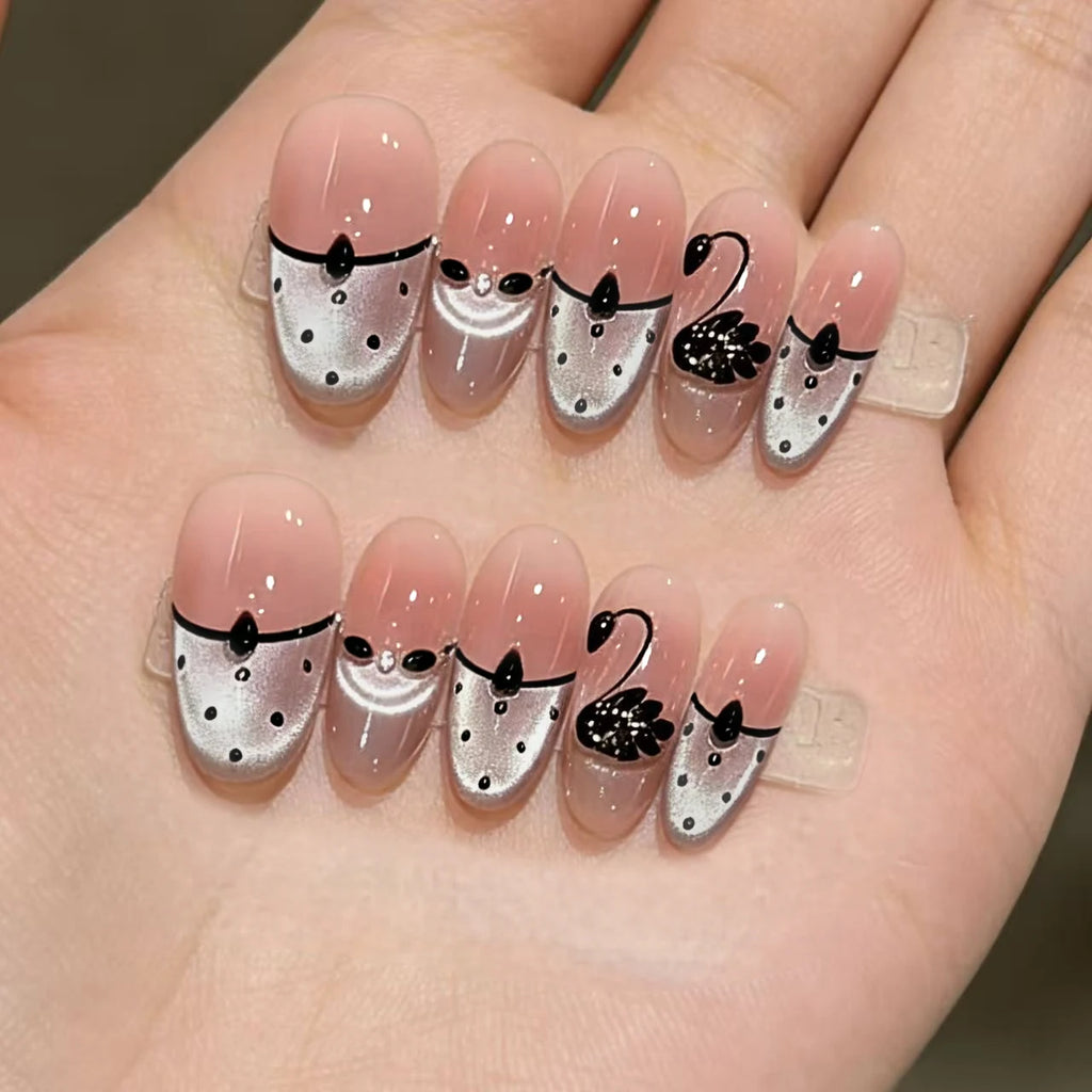 Handmade French Almond White Flowers False Nails Korean Art Stickers Qme GJ-CDJ-ZB230-S