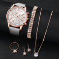 Rose Gold White Leather Ladies Watch Set Chronograph Clock Cubic Zirconia Bracelet Necklace Earrings Ring Jewelry Kit For Women Qme HH10006