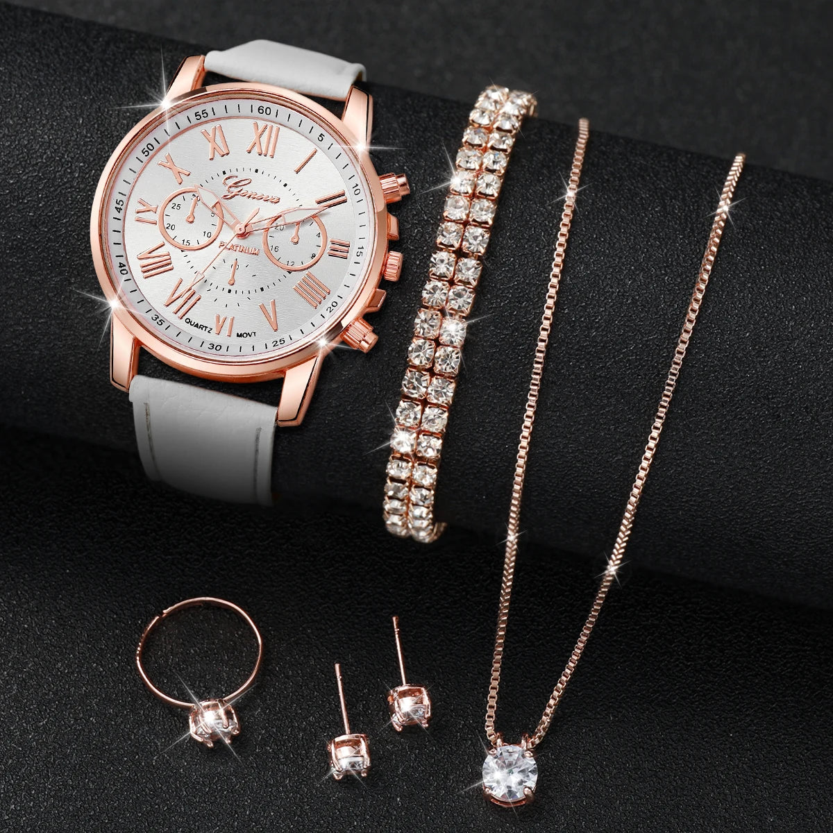 Rose Gold White Leather Ladies Watch Set Chronograph Clock Cubic Zirconia Bracelet Necklace Earrings Ring Jewelry Kit For Women Qme HH10006