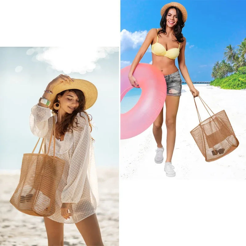 Expandable Mesh Beach Bag Women Foldable Crossbody Tote Spacious Qme