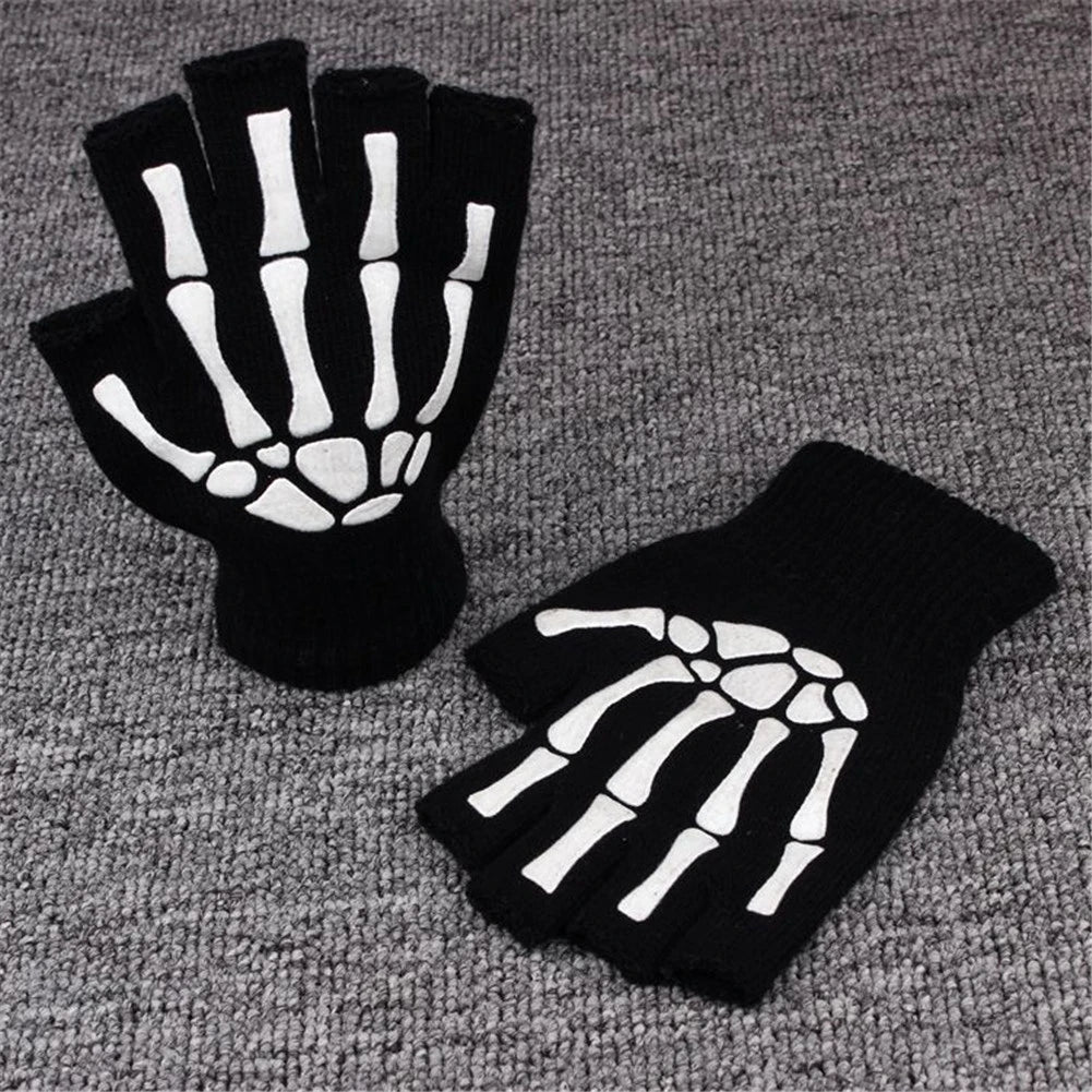 1Pair Punk Gloves Unisex Halloween Skeleton Skull Half Finger Gloves Glow In The Dark Fingerless Stretch Knitted Winter Mittens Qme white