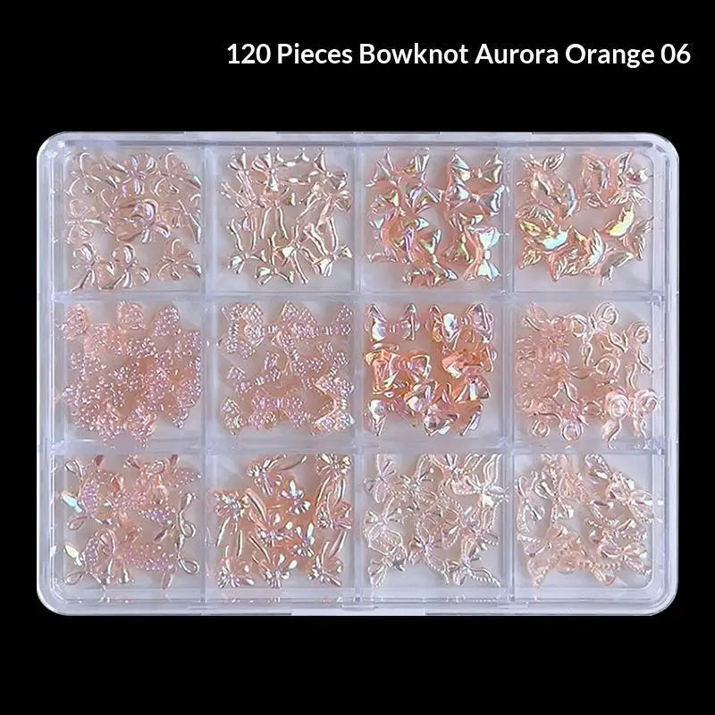 120 Iridescent Aurora Bow Nail Charms Clear Storage Box Perfect DIY Qme Orange
