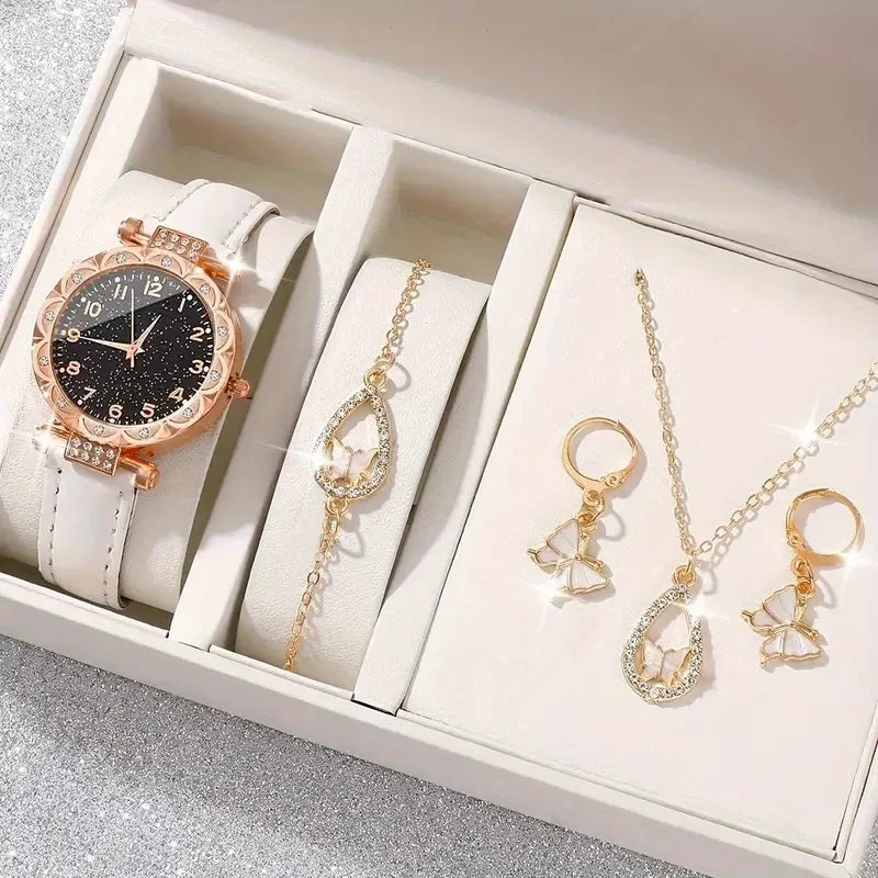 5PCS/Set Luxury Women Watches Rhinestone Fashion Elegant Wristwatch Quartz Watch Ladies Clock For Girl Gift Qme WHITE