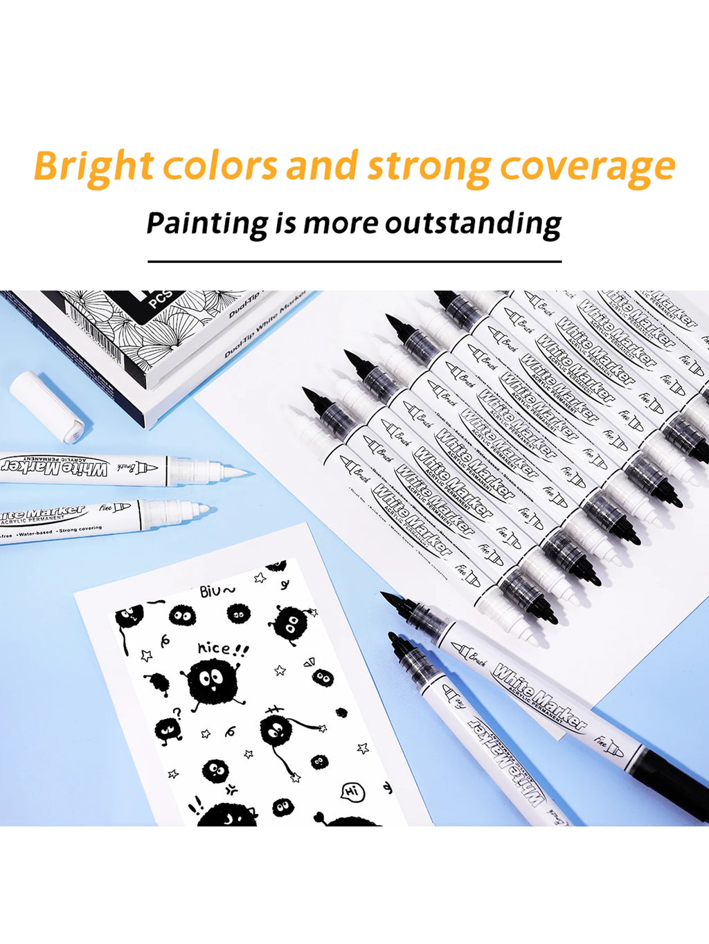 2-6Pcs Black/White Large Capacity Dual Tip Permanent Acrylic Paint Pen for Art Supplies, Fabric Paint, Markers for DIY Art Qme
