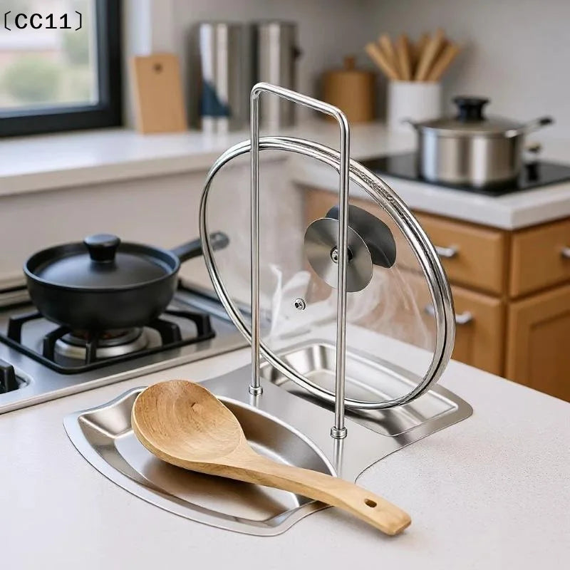 Stainless Steel Pot Lid Holder Kitchen Storage Rack Utensils Dish Qme