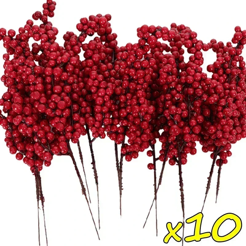 Christmas Artificial Red Berries Branch Fake Plants Flowers Holly Berry Stamen Wreath Ornaments for Xmas Tree Party Home Decor Qme 10 Branches 20.5x7x3cm