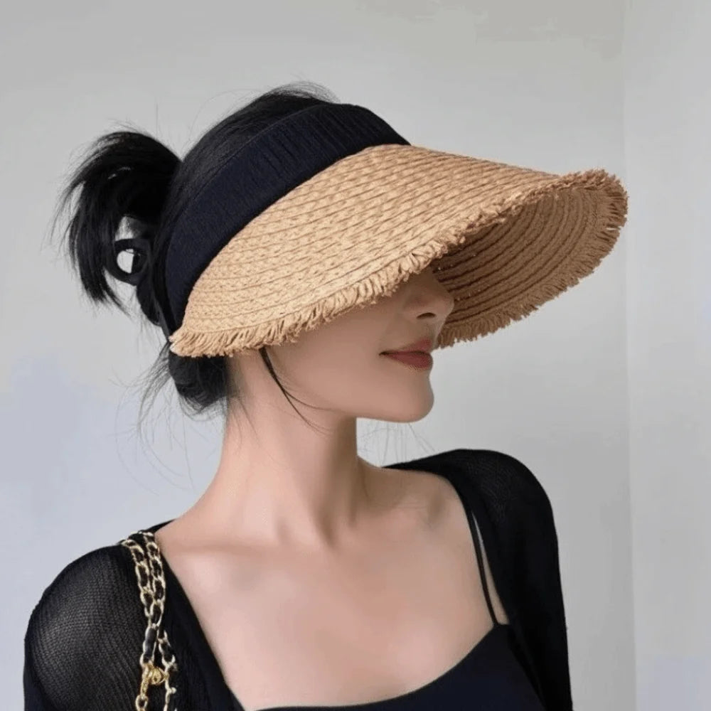 Fashion Woven Straw Visor Cap Sunscreen Hollow Empty Hat Big Head Qme