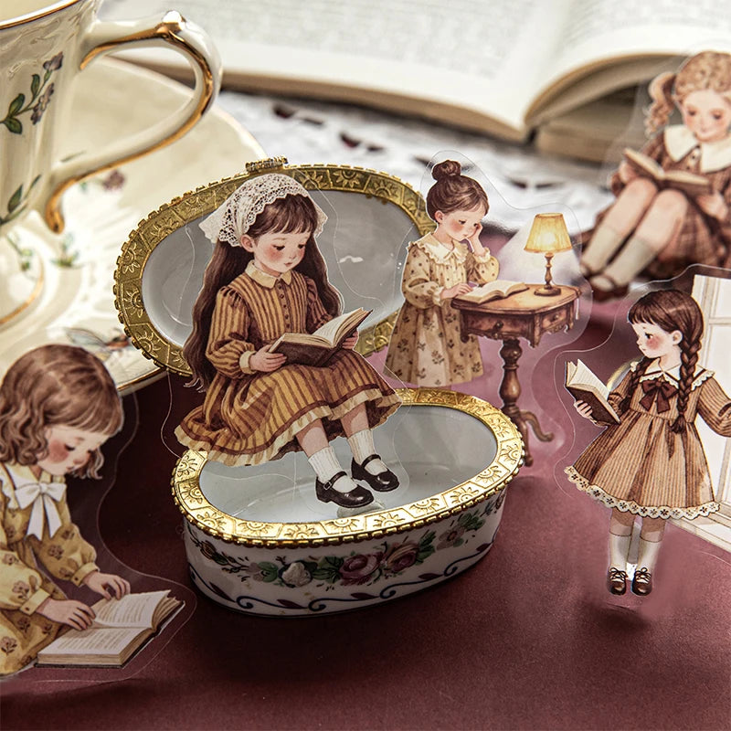 European Vintage Girl Reading Sticker Book, Artistic Decor Material for Journal Collage, High-Value Creative Supply Qme