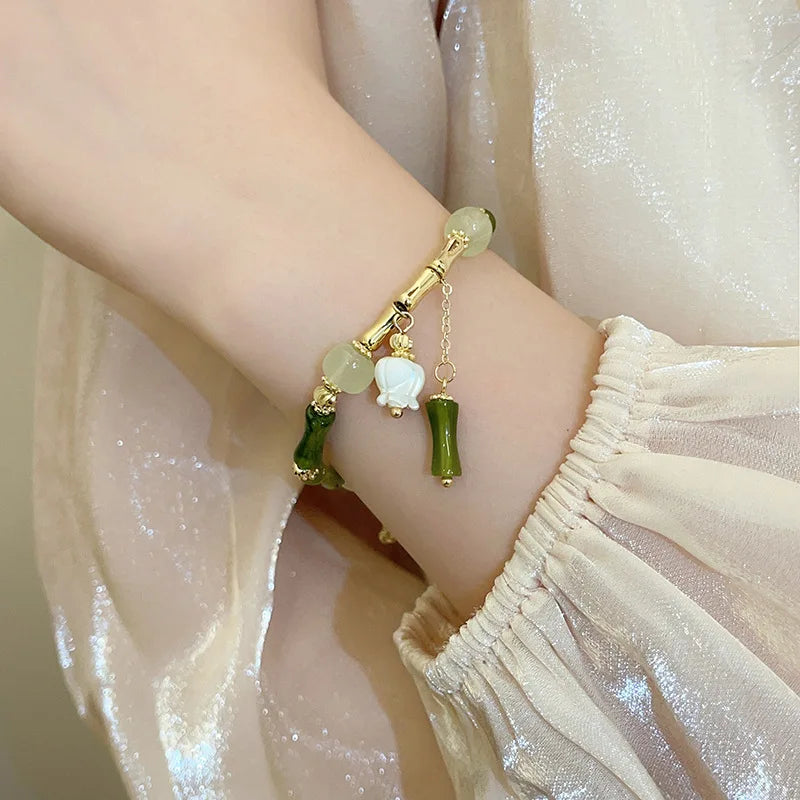 Exquisite Palace Imitation Jade Chilly Sense Chinese Style Sweet Bamboo Joint Orchid Bracelet for Women Romantic Green Beaded Qme
