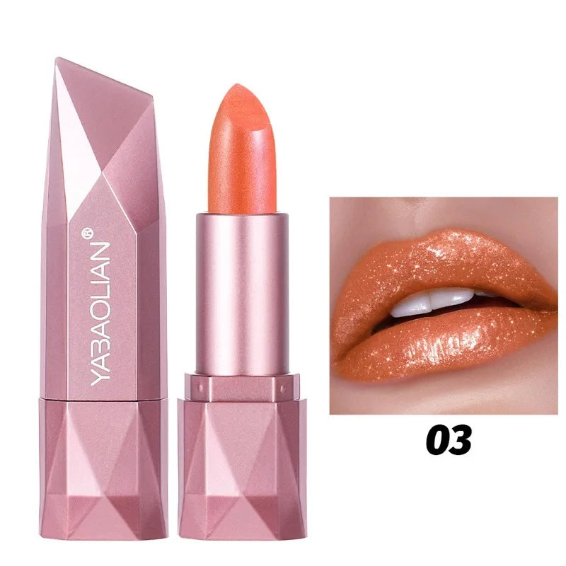 Diamond Shine Lipstick, Pearlescent Golden Lipstick with Fine Glitter, High Gloss Hydrating Long Lasting & Non-Drying Lip Makeup Qme