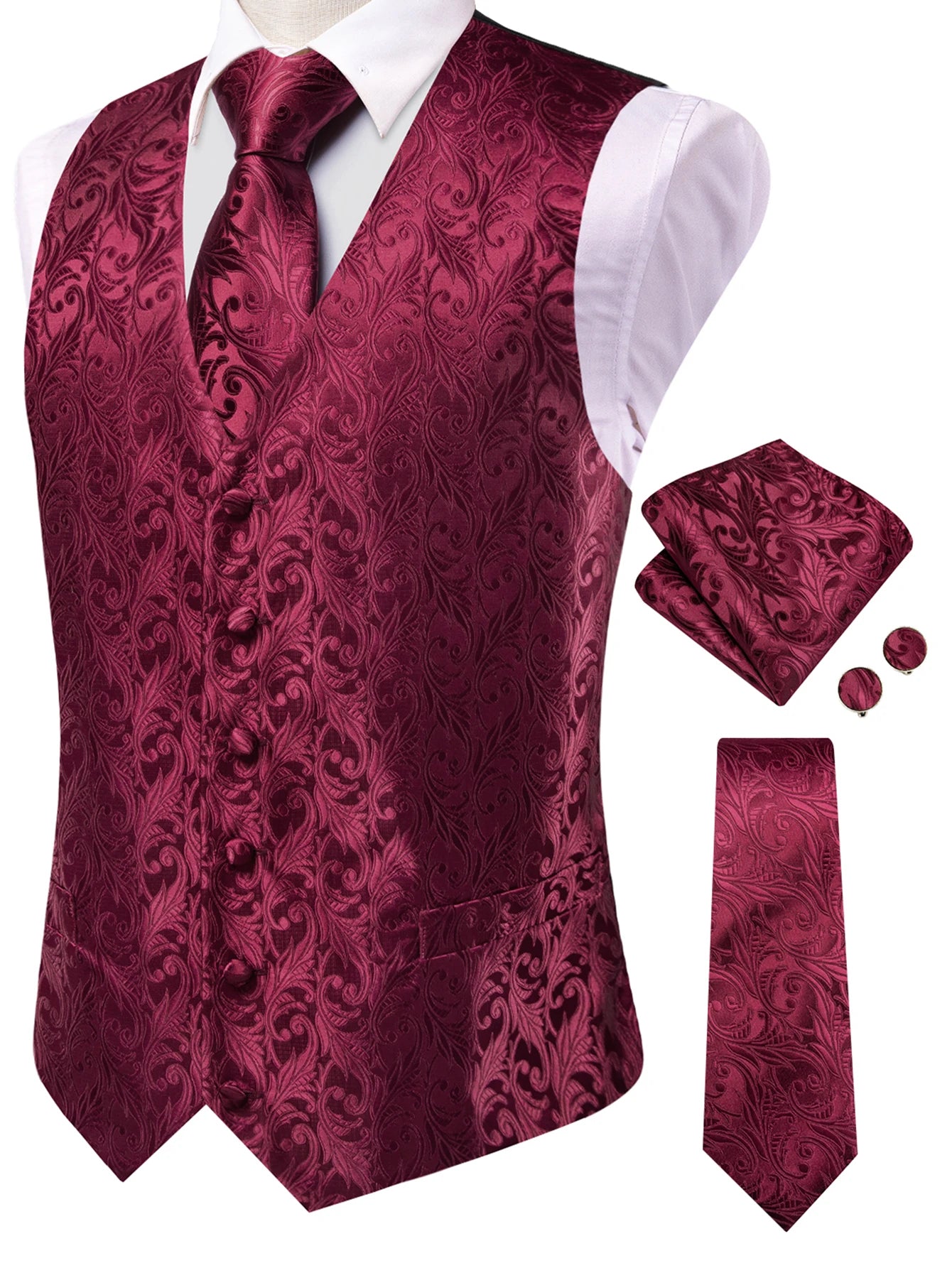 Men's Classic Floral Vest Tie Hanky Cufflinks Waistcoat Weddings Qme HT-MJ-0204 XXXL