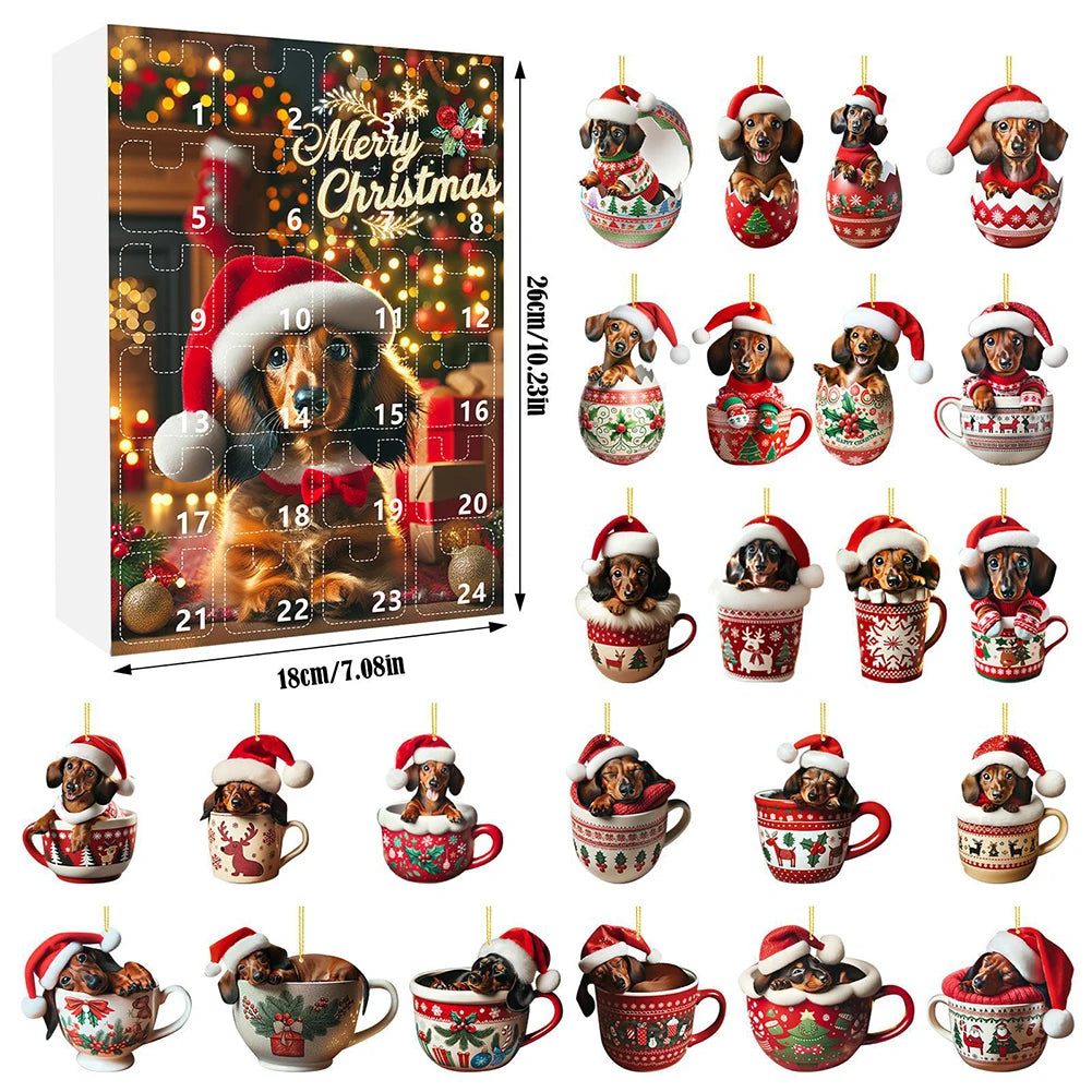 24 Days Christmas Countdown Calendar W/Dachshunds Figure Ornaments Xmas Advent Calendar Xmas Gifts for Dog Lover Qme