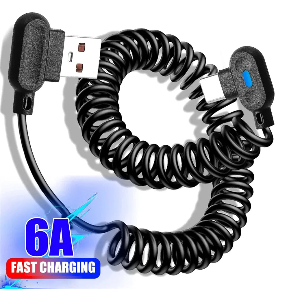USB Type-C 90° Angle Elbow Fast Charging Spring Data Cable Spiral Coiled Retractable Data Cord Quick Charge For Huawei Samsung Qme