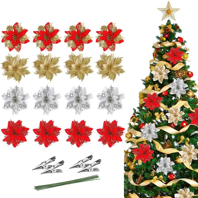 5PCS Glitter Poinsettia Artificial Xmas Flowers Ornaments for Christmas Tree Decorations Fake Flowers Head Christmas Decoration Qme