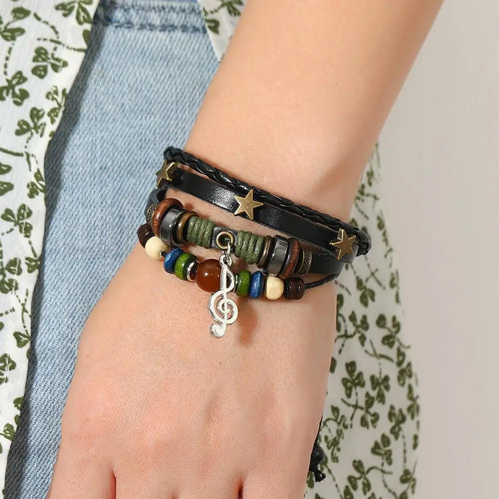 Handmade Hippie Design Brown Leather Bracelet Women Metal Star Note Charms Wood Button Beads Wrap Unisex Adjustable Bracelet Qme