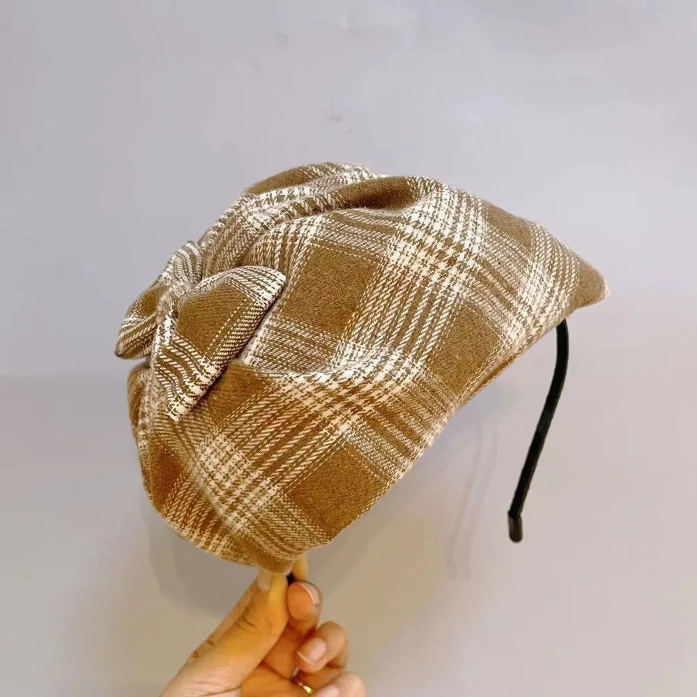 Retro Vintage Half-cap Headband Elegant Checkered Bowknot Headwear Qme