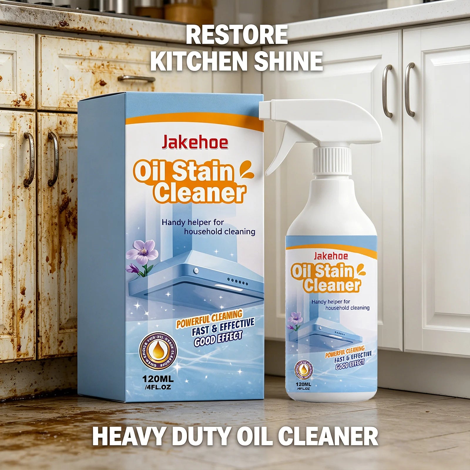 JAKEHOE Oil Stain Cleaner Spray Removing Tough Grease Polishing Restore Luster Fast-Acting Formula Heavy Duty Kitchen Degreaser Qme