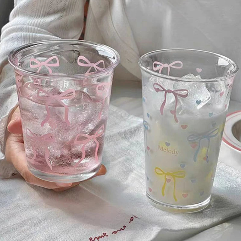 Bow Glass Cute Water Cup Cartoon Striped Doodle Coffee Mug Household Qme