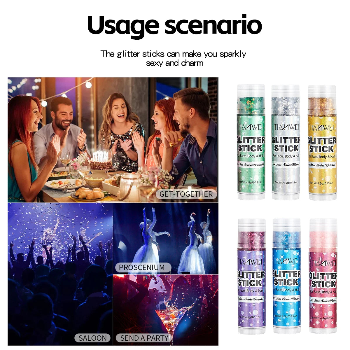 6-Pack Glitter Stick Sequin Gel Face Waterproof Sweat Proof Qme