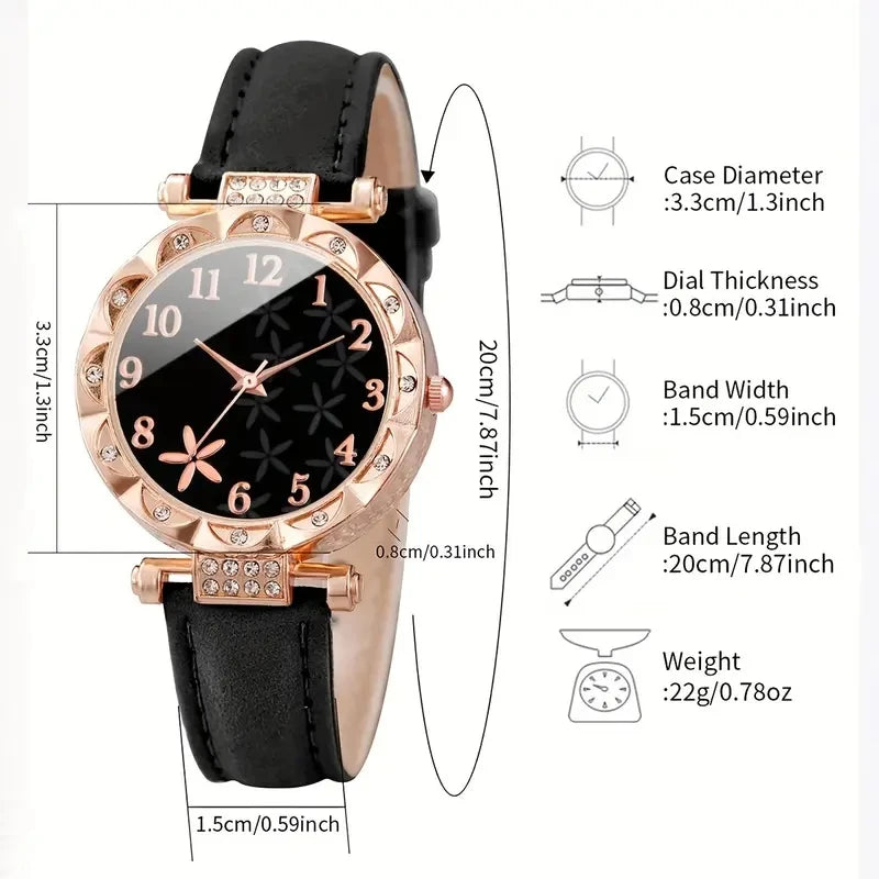 Rose Gold Black Leather Ladies Watch Set Crystal Bezel Flower Dial Heart Zircon Bracelet Women Workplace Jewelry Kit Qme