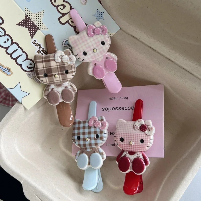 Hello Kitty Cartoon Checkered Hair Clip Cute Hair Accessories for Students Versatile Hair Clips and Headpieces Qme