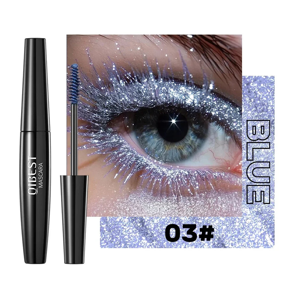 QIBEST Shiny Diamond Colorful Mascara Blue Glitter Sparkling Waterproof Mascara Eyelashes Extension Quick Dry Shimmer Eye Makeup Qme 03
