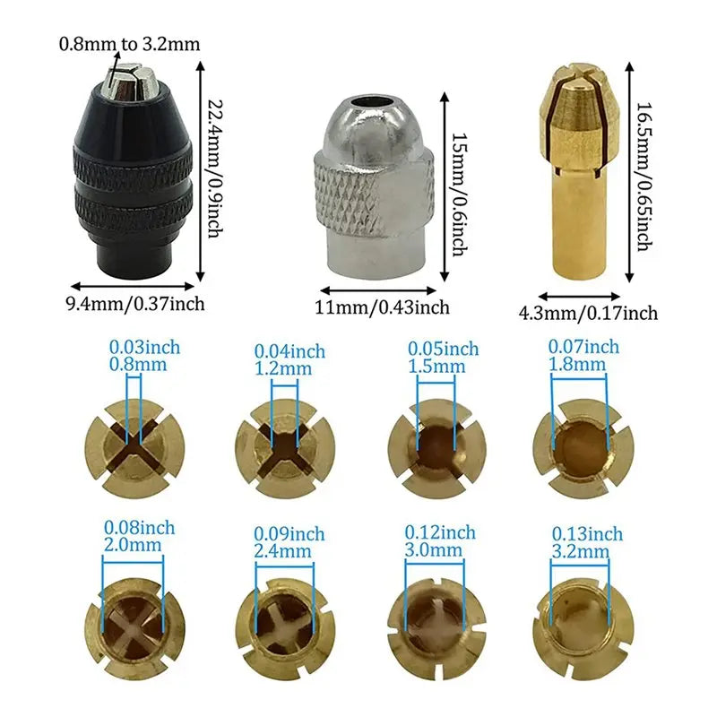 A02F-Drill Chuck Collet Set For Dremel, 22 Pcs Replacement 4485 Brass Quick Change Drill Nut Tool Set (1/32Inch To 1/8Inch) Qme