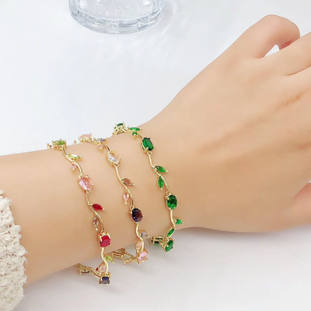 Colorful Trendy Charm Crystal Leaf Vine Flower Rhinestone Bracelet Luxury for Women Girl Party Wedding Gold-Plated Jewelry Gift Qme