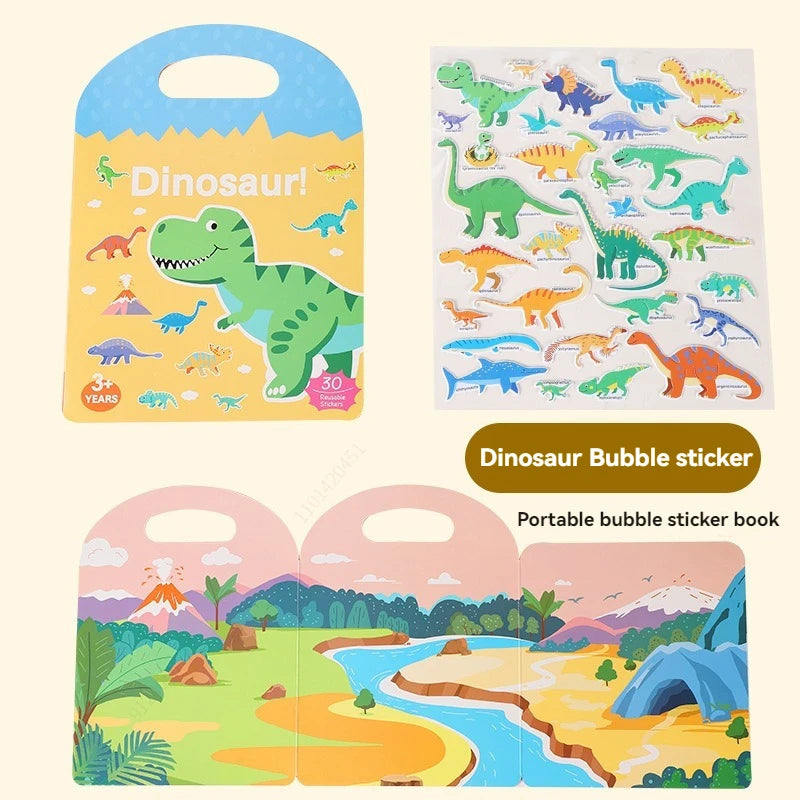 Reusable Sticker Book for Kids Vehicles Stickers Educational Learning Travel Stickers Activity Books for Toddler Girls Boy Qme Dinosaur