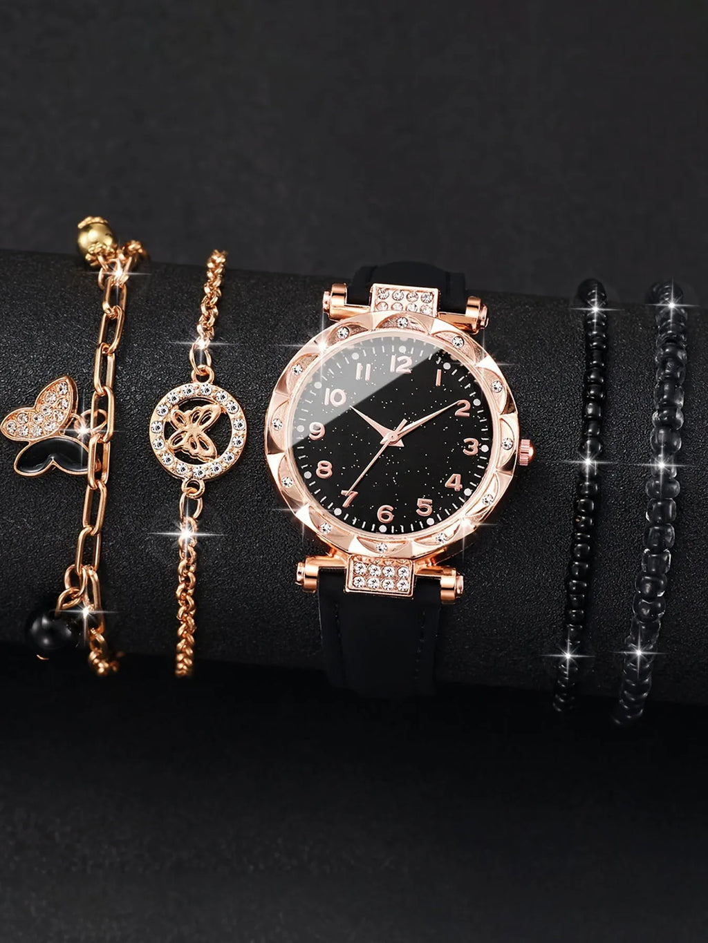 Rose Gold Women Quartz Watch 4Pcs Black Bracelets Jewelry Gift Qme