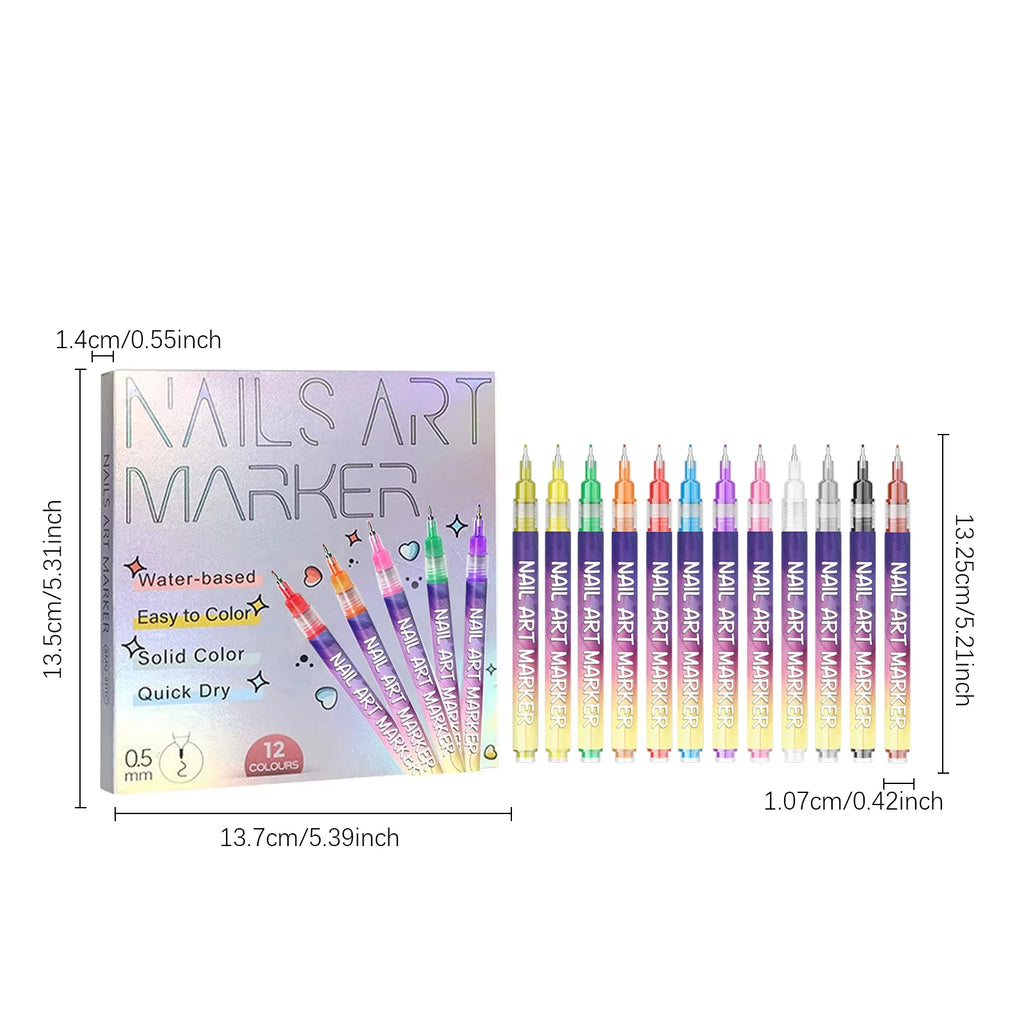 12 Colors DIY Nail Art Graffiti Pen 3D Nail Doodle Pen Acrylic Paint Pens for Nail Art Drawing Painting Nail Point Dotting Liner Qme A