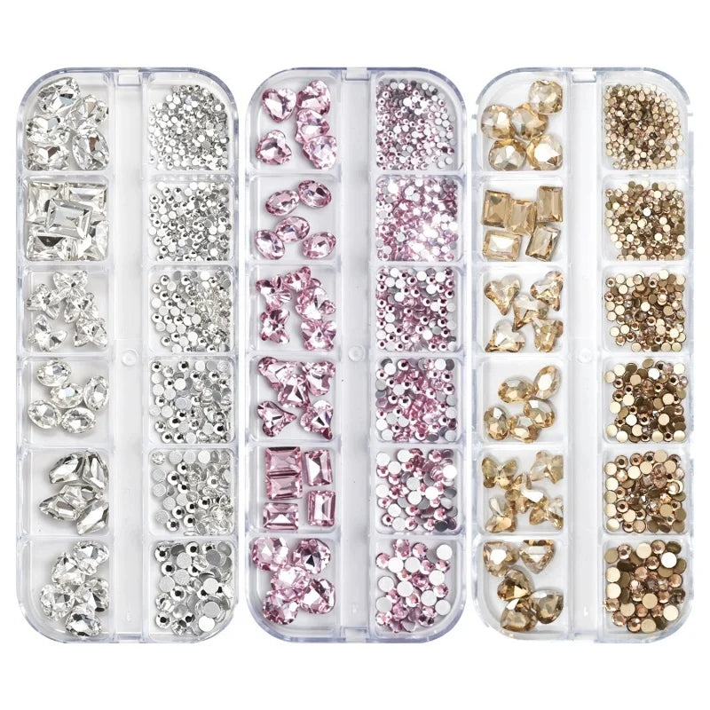 12grids Shiny Clear Crystal Gems Nail Rhinestones Mixed Round Glass Stone Flatback Nail Charms Nail Diamond DIY Qme