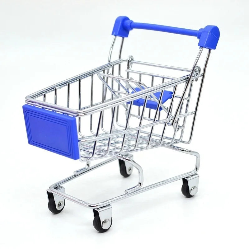 1:48 Mini Supermarket Shopping Trolley Cart Desktop Model Toy for Children Home Decoration Miniature Toy Qme Blue