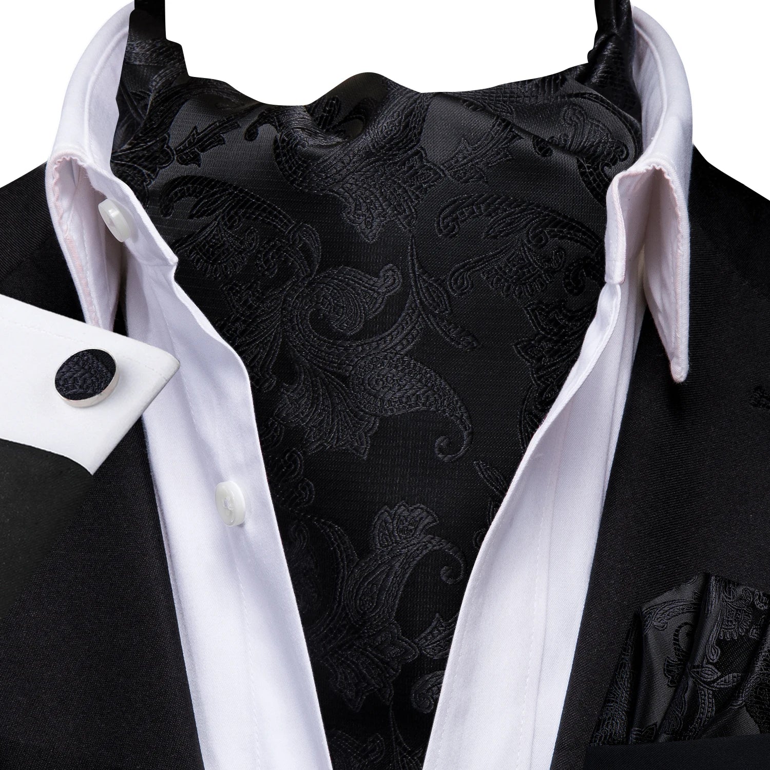 Hi-tie Mens Ascot Pocket Square Cufflinks Jacquard Paisley Floral Qme AS-1144