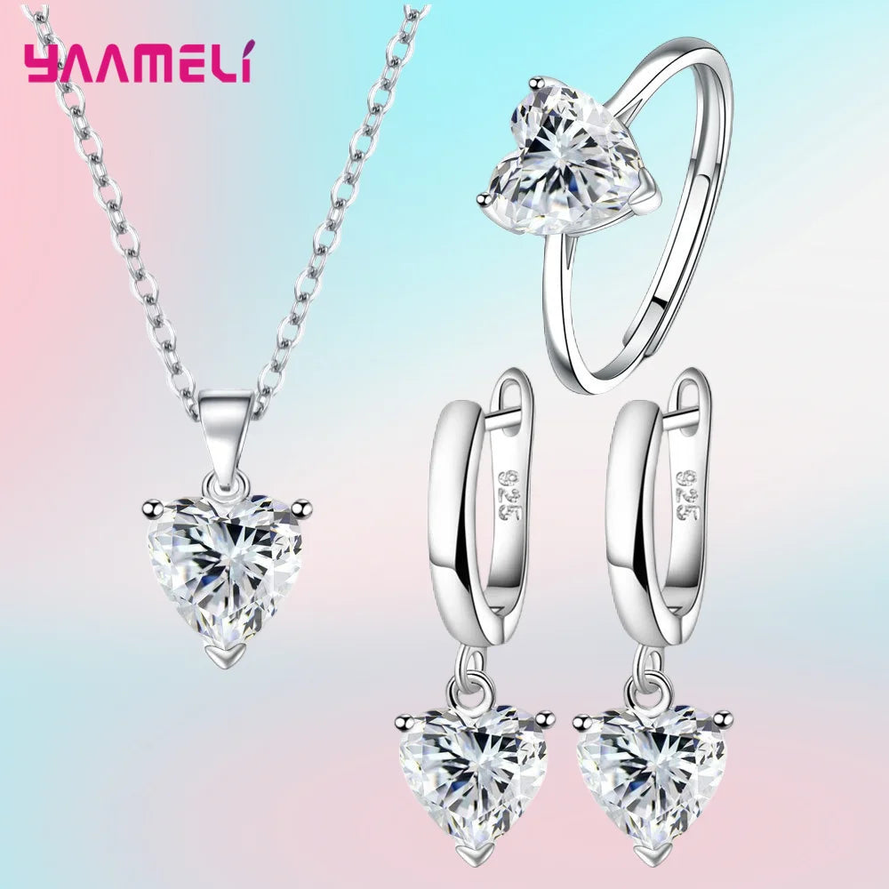 Fine 925 Sterling Silver Color Jewelry Gift Sets for Women Female Romantic Heart Zircon Huggie Earrings Pendant Necklace Ring Qme White