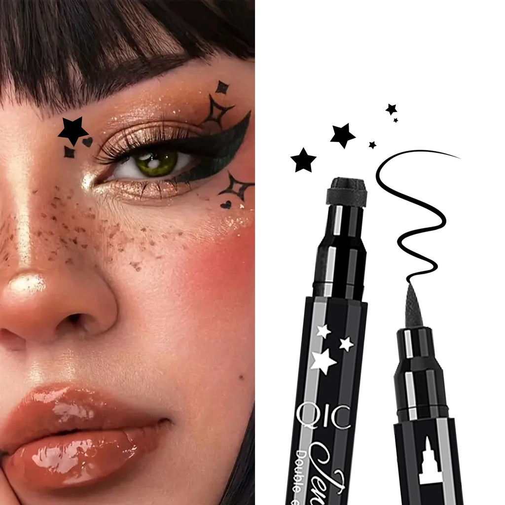 1pcs Liquid Eyeliner Pen Set Dual-Tip Stamps with Black Ink - Includes Heart, Moon, Star Shapes for Eye Makeup, Eyeliner Stamp Qme