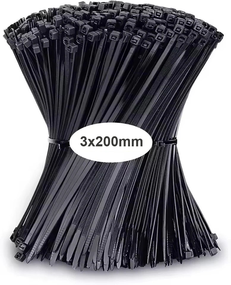 Plastic Clamping Collar Cable Tie Clamping Scratch Cable Attache Cable Velcro Self Locking Nylon Cables Ties Fastening Width 2.5 Qme Black 3x200 1000pcs