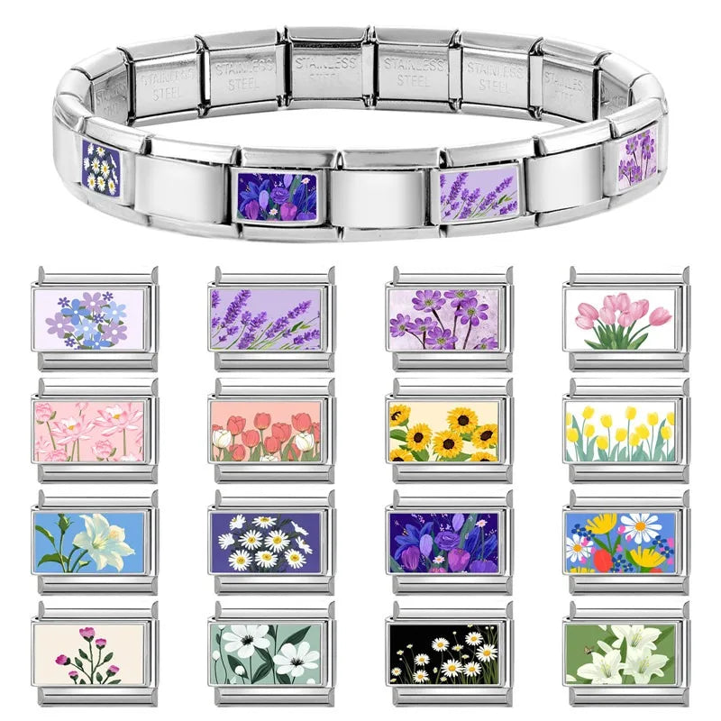Fashion Iris Hyacinth Sunflower Daisy Flowers Series Italian Charm Link Fit 9mm Bracelet Stainless Steel Women Men DIY Making Qme