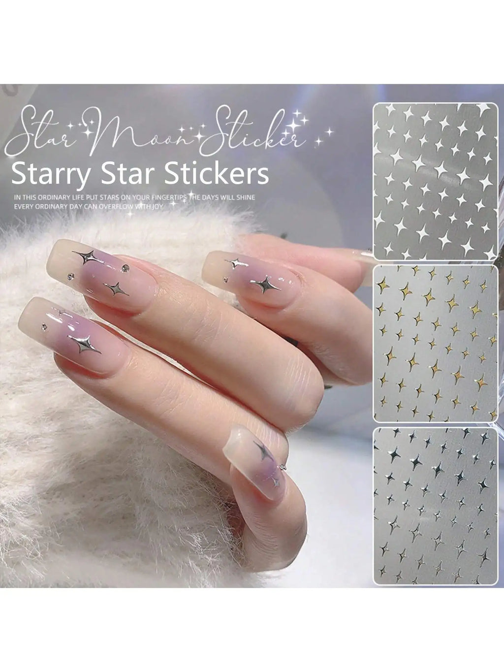 Starry Star Stickers Nail Adhesive Art Gold Silver Black Stamping Qme