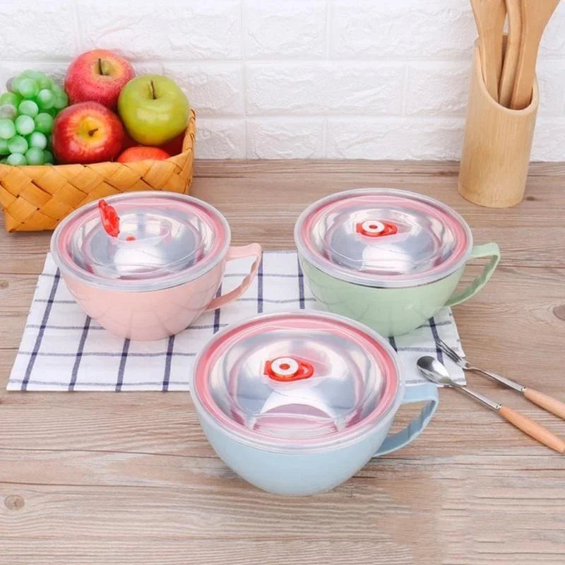Stainless Steel Bowl with Handle Solid Color Anti Scalding Instant Noodles Mixing Bowl Kitchen Tableware Food Accessory Qme