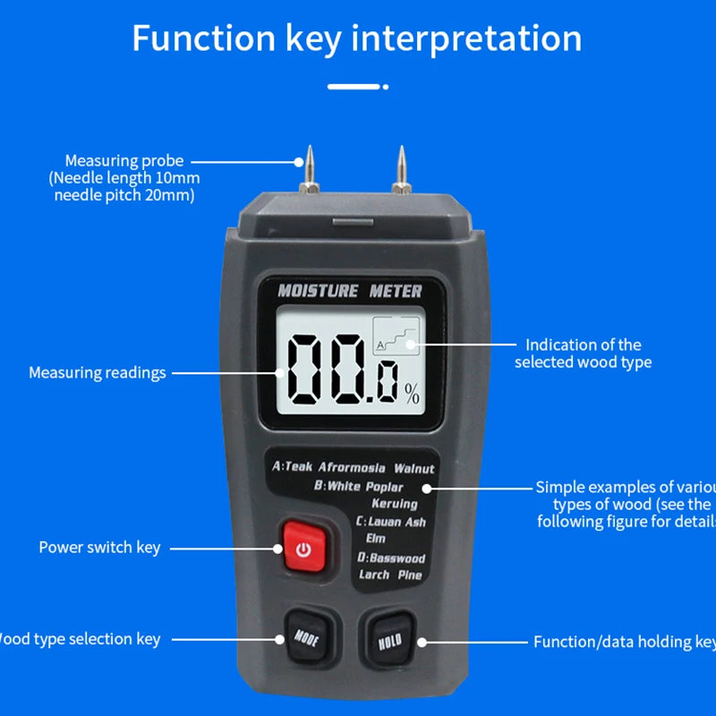 Two Pins Digital Wood Moisture Meter 0-99 9 Humidity Tester Timber Qme