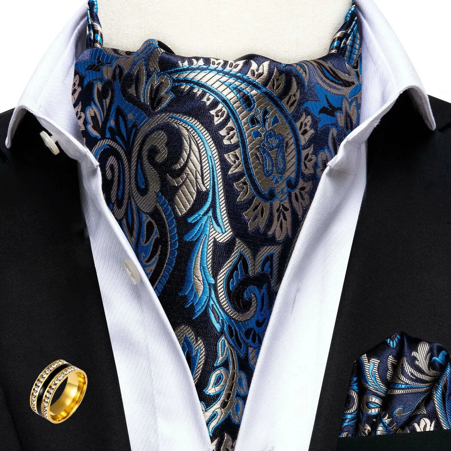Ascot Tie Set, Classic Cravat with Pocket Square & Decorative Ring, Fashion Men's Neck Accessories Wedding silk Party Daily Wear Qme AS-1045-JZ0020