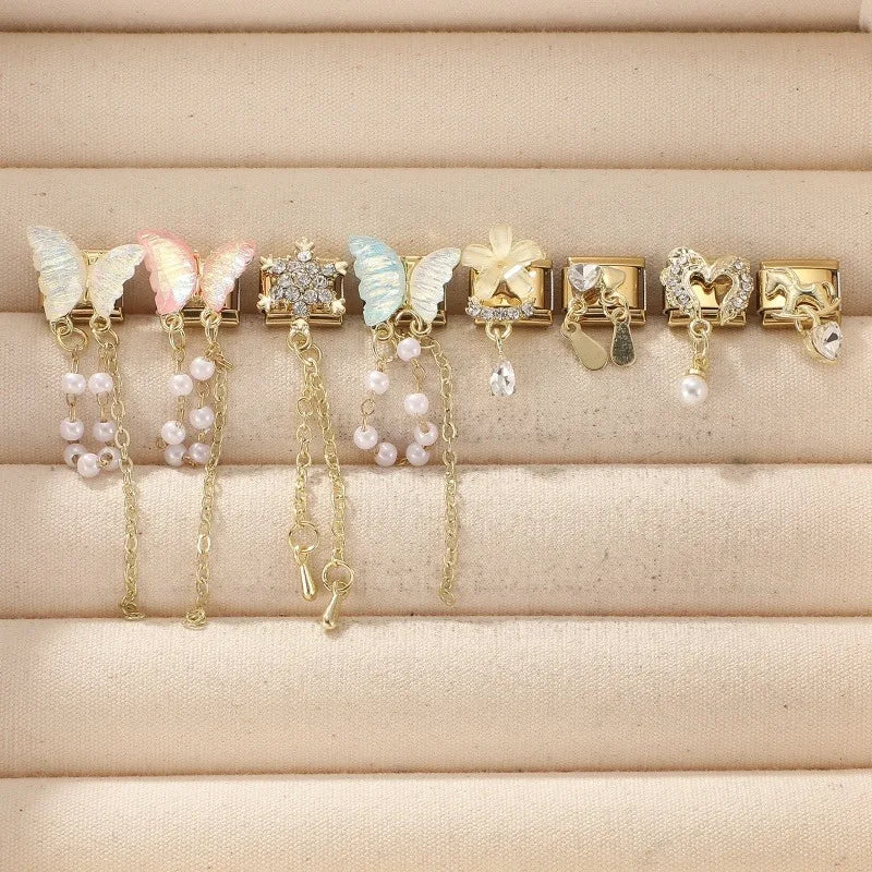 New Shiny Snowflake Zircon Pearl Tassel Chain Italian Charm Links Fit 9mm Stainless Steel Bracelet Women Jewelry DIY Making Gift Qme