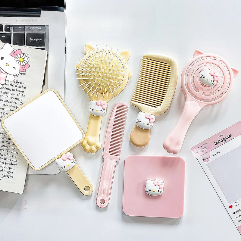 Hello Kitty Volumizing Openwork Comb Massage Cushion Comb Air-Cushion Comb Straightening Comb and Mirror 4-Piece Set Qme