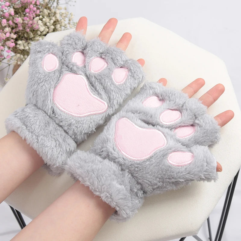 Women Cartoon Cat Claw Gloves Thickened Plush Lovely Bear Paw Exposed Qme
